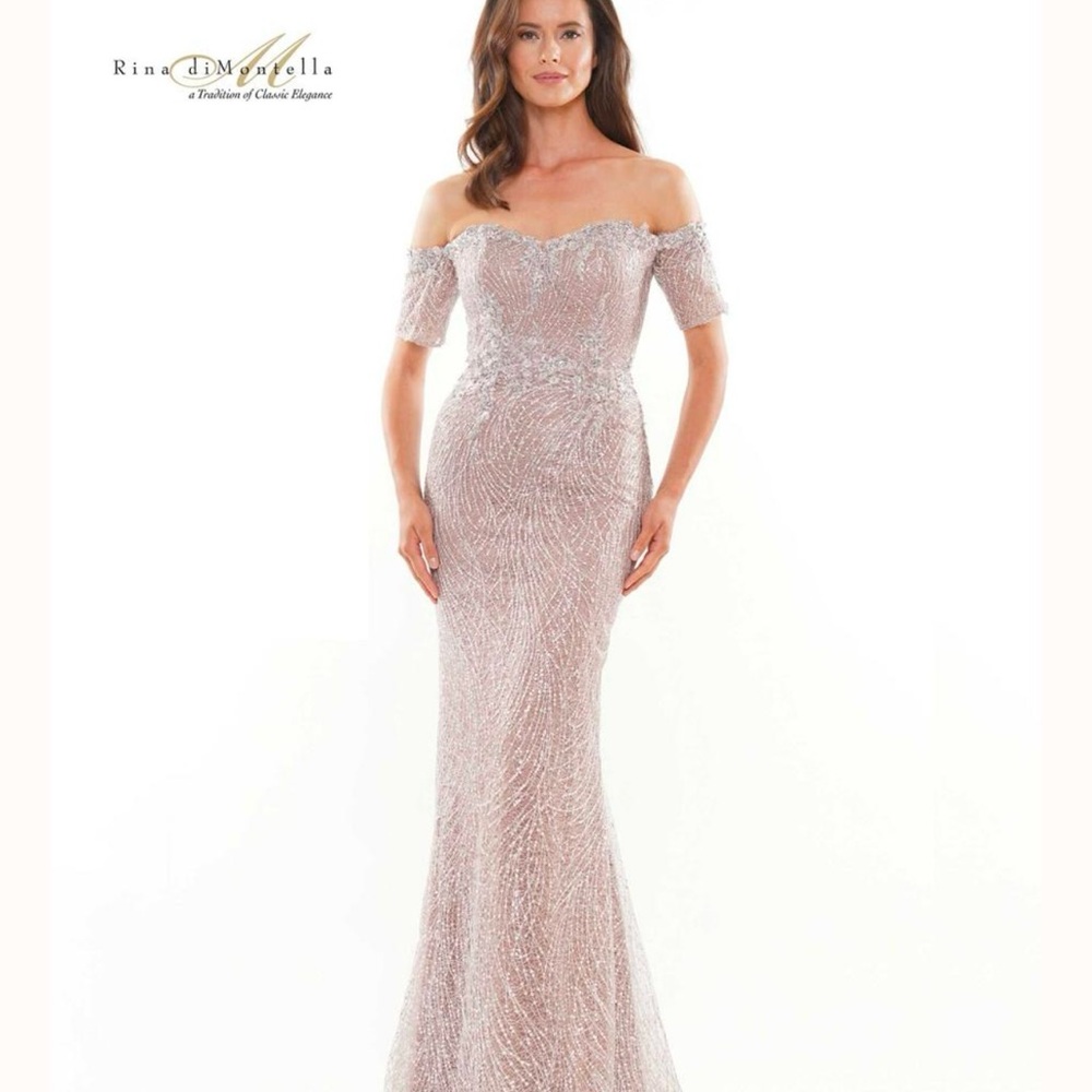 Rina Di Montella Off-Shoulder Gown in Silver